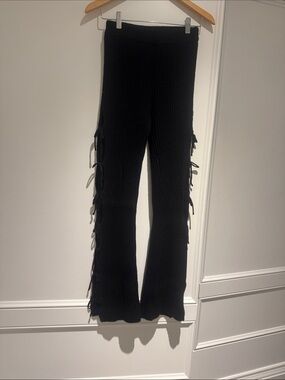 Girls Black Ribbed Fringe Flare Leggings